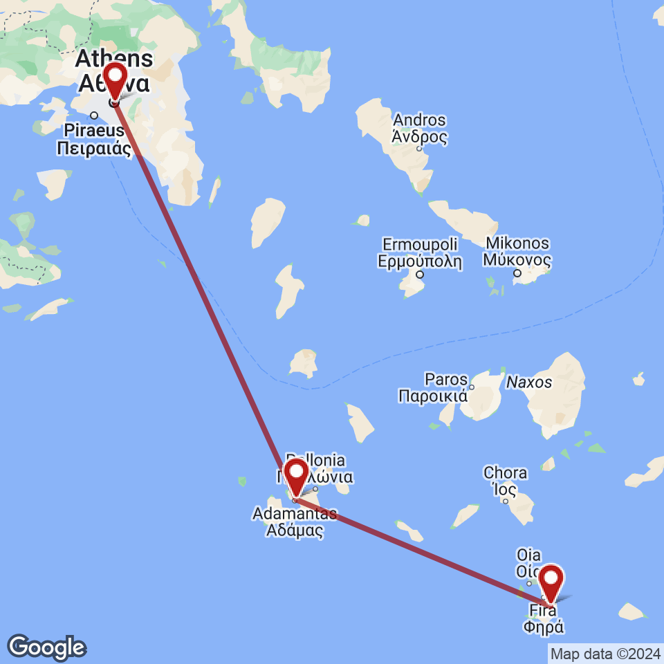 Route for Athens, Milos, Santorini tour